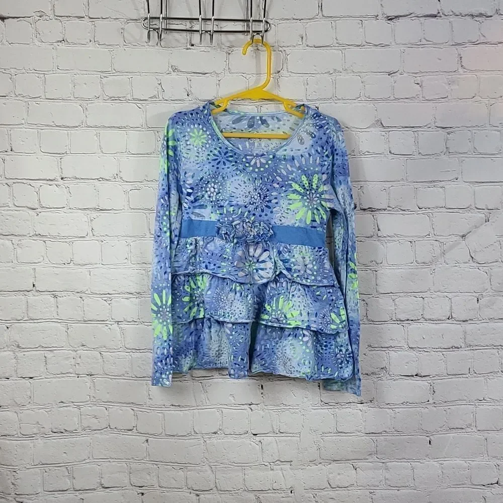 Justice Girls 8 Blue Tiered Ruffle Long Sleeve Floral Burnout Tee Knit Top Shirt